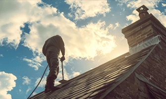 Ramonage de cheminée par un technicien RA-MO-NET sur toiture dans la grande région de Québec